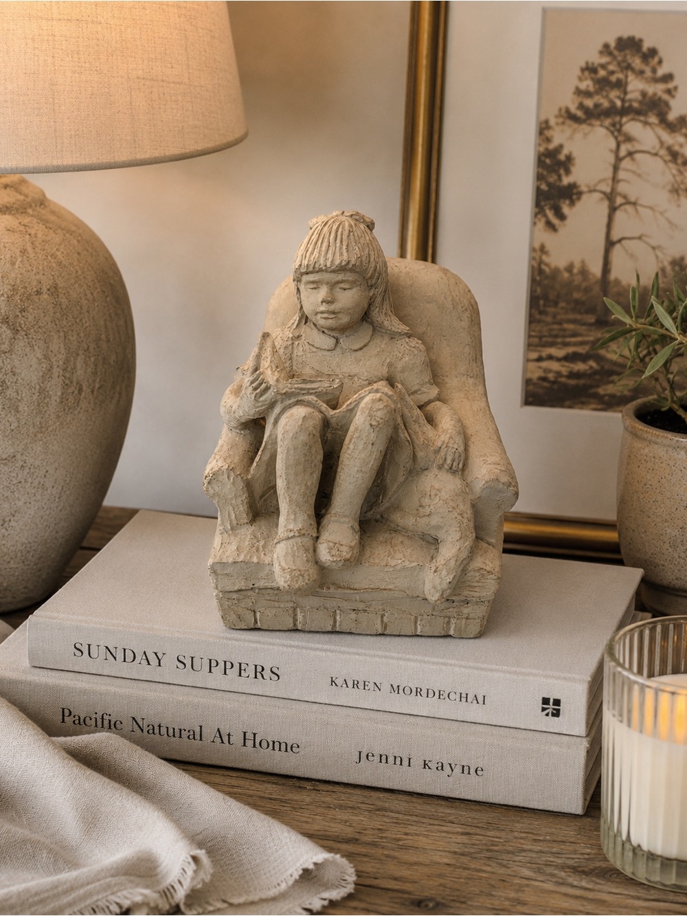 Vintage Girl Reading with Cat Sculpture Neutral Cottagecore Decor